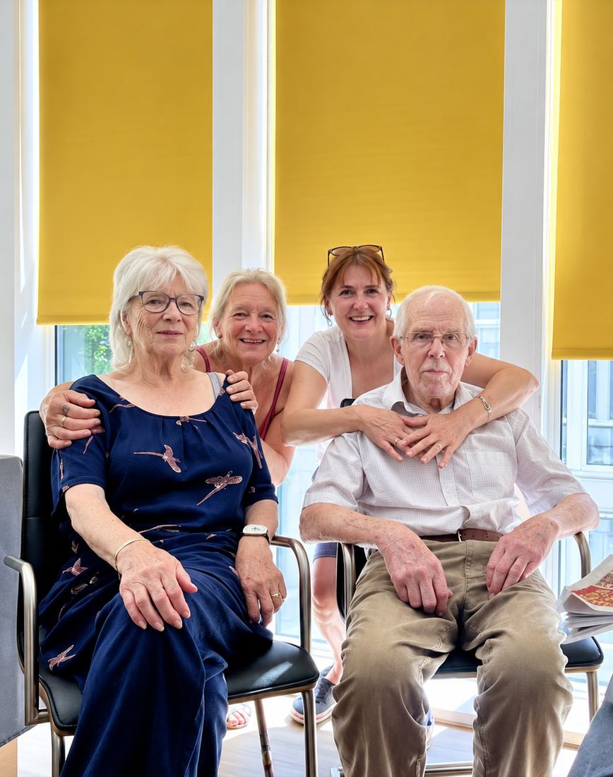 A resident and his family smiling together during a visit.