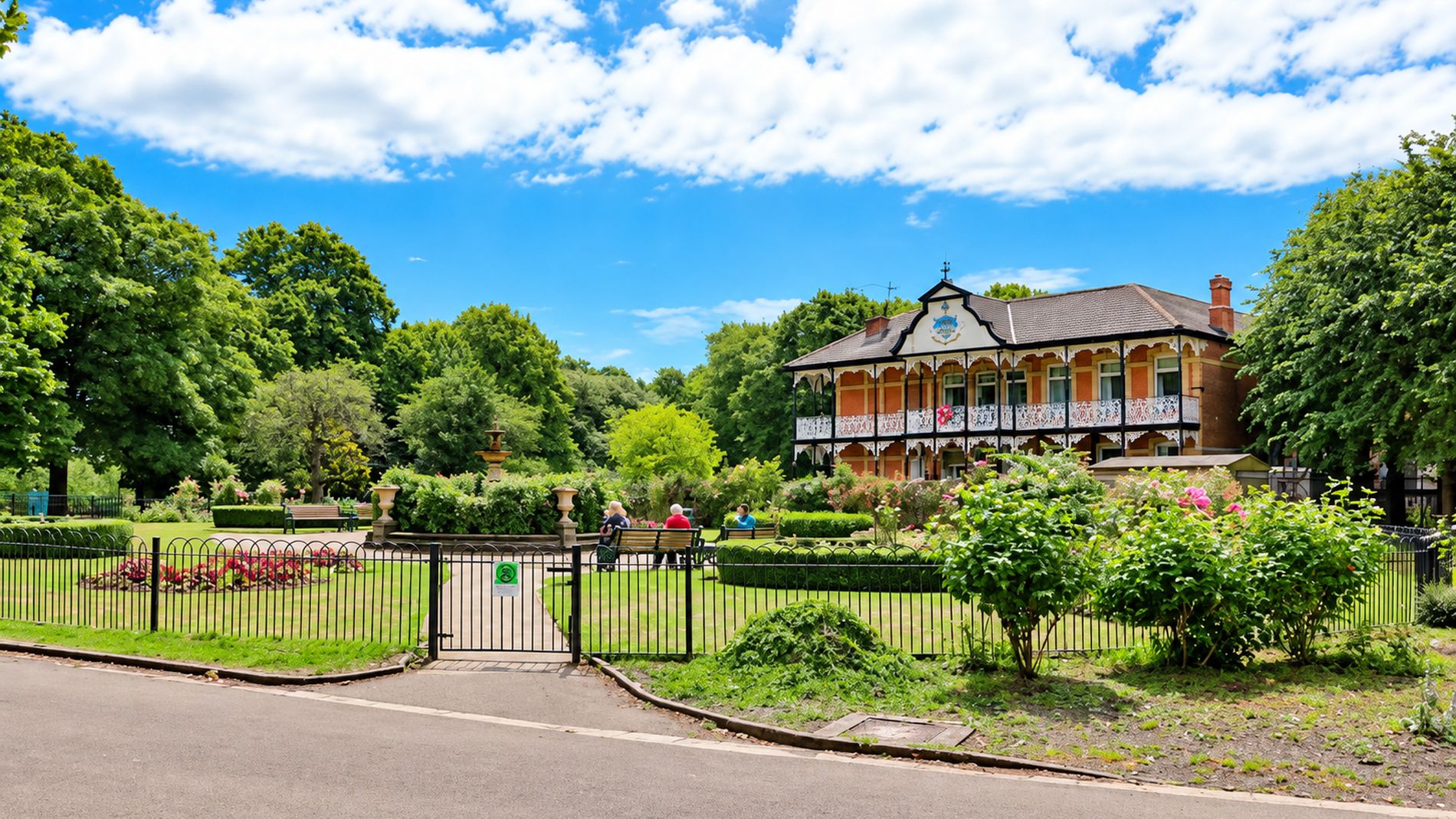 Higher Park Lodge seen across the gardens of Devonport Park, with people sitting on a bench in the sunshine.